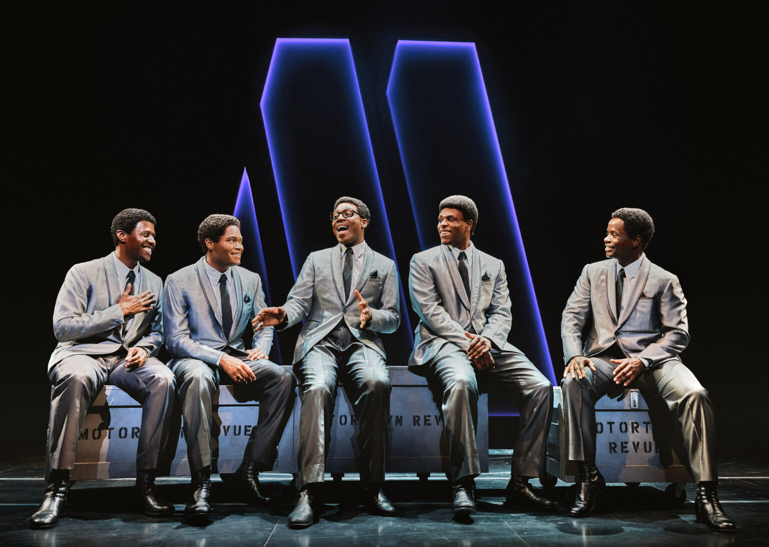 (L – R)- Marcus Paul James, Jalen Harris, Elijah Ahmad Lewis, Harrell Holmes Jr., James T. Lane from the National Touring Company of AIN’T TOO PROUD: The Life and Times of The Temptations. Credit: © 2021 Emilio Madrid.